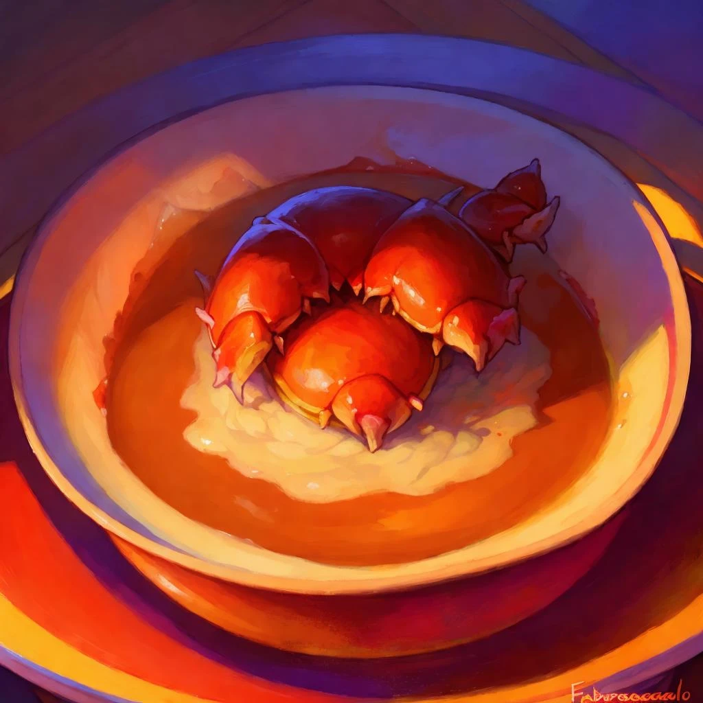 masterpiece, (by fabercastel), HDR, anime, boiled alien crab dish with tartar sauce a plate, steaming hot food, sunset lighting, tasty, yummy, colorful, uhd, 4k, close up, food shot, food focus, high angle view