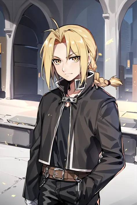 ((masterpiece,best quality, detailed)), outdoors, 1boy, edward elric, white gloves, black pants, belt, black jacket, black shirt, braided ponytail