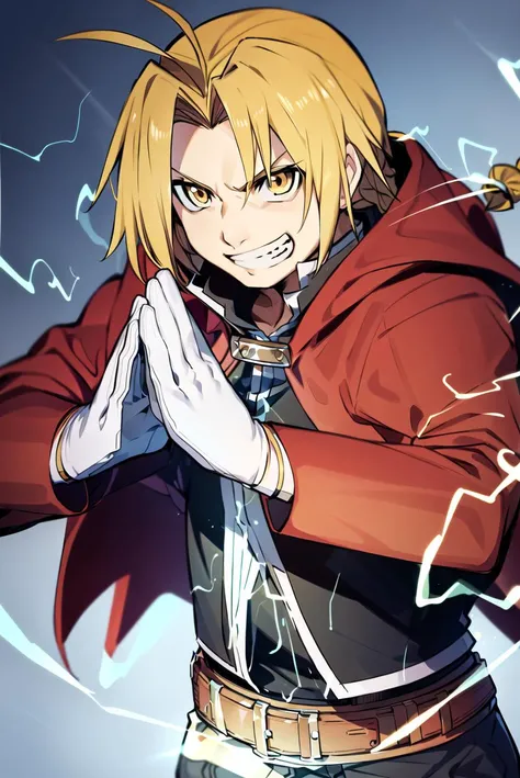 ((masterpiece,best quality, detailed)), indoors, 1boy, edward elric, red coat, hood, white gloves, black pants, belt, black jacket, black shirt, braided ponytail, own hands together, facing forward, grin, electricity