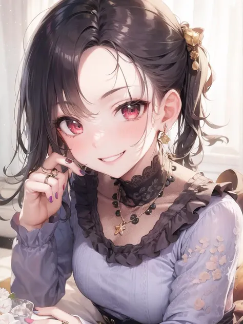 best quality, beautiful, hair tie, 8K, very happy face, close eyes, smile open mouth, side body, head tilt look view, slim, dress, earrings, choker, concept