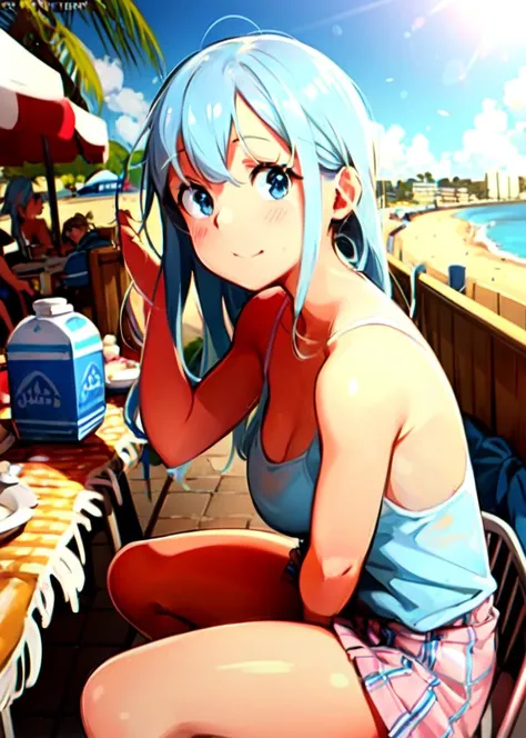 masterpiece, best quality, realistic, 1girl, light blue hair, light pink eyes, white tank top, light pink plaid skirt, food stand, sitting down, beach, seagulls in background, sunny weather, waves, distant buildings, distant islands, sun in sky<lora:KHYLERI35:0.8>