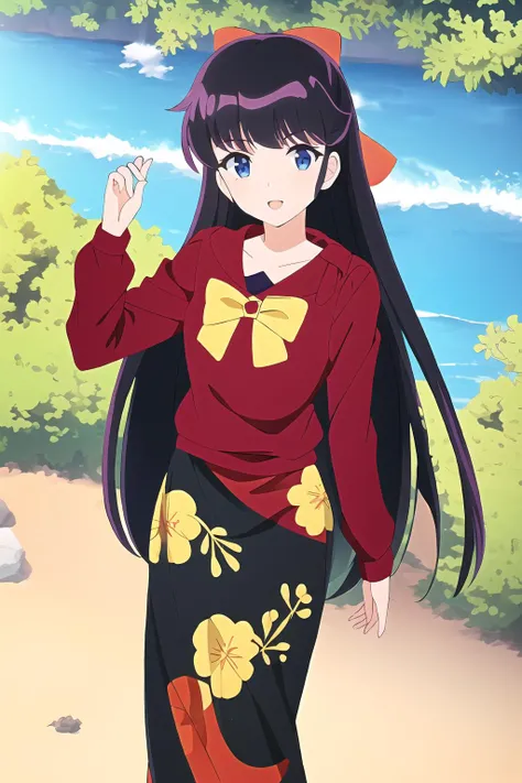 best quality, 1girl, beautiful face, long hair, purple black hair, bangs, blunt bangs, hair bow, blue eyes, pointy chin, Urusei Yatsura, Ryouko Mendou, <lora:Ryouko_Mendou:0.7>, smiling, :o, outdoor background