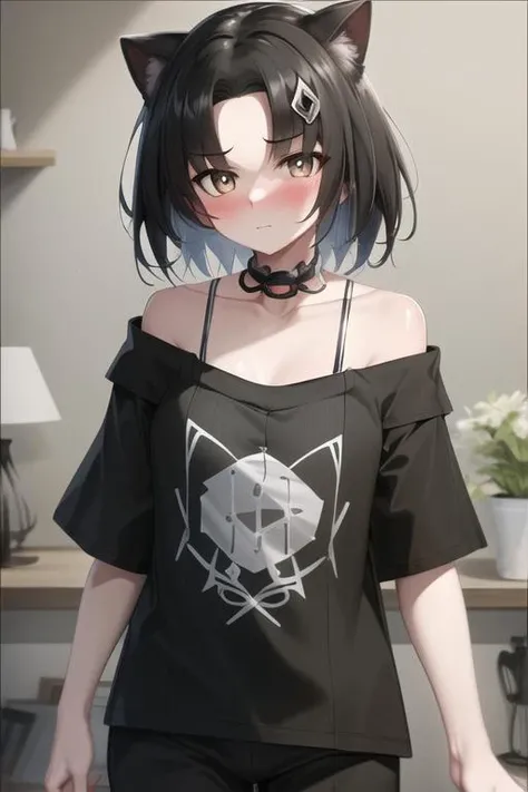 masterpiece, high quality, best quality, absurdred , 1 girl,Mandragora-v1 , solo,looking at viewer, cowboy shot, off shoulder, short hair, bare shoulders, black choker,choker, bangs, collarbone, parted bangs, blush, hotel, (pajamas:1.2) , <lora:Mandragora-000017:0.7>