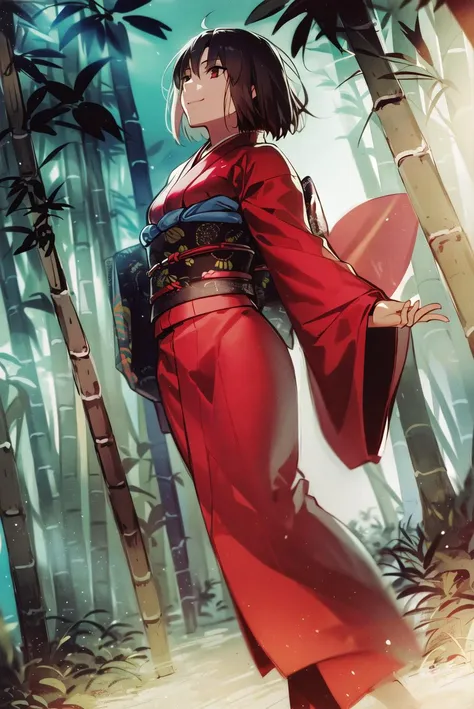 ((masterpiece,best quality, detailed)), 1girl, solo, outdoors, bamboo, forest, ryougi shiki, sash, red kimono, obijime, smile, red eyes, empty eyes, from behind, dutch angle, full body