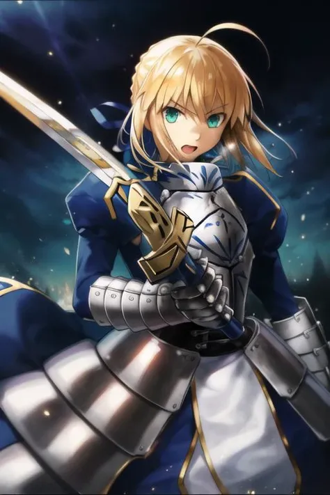 masterpiece, high quality, best quality, absurdres,saber-v1, 1girl, solo, weapon, sword, armor, armored dress, gauntlets, dress, holding sword, excalibur \(fate/stay night\), looking at viewer, open mouth, holding weapon, holding, puffy sleeves, juliet sleeves, blue dress, breastplate, long sleeves, <lora:saber:0.9>