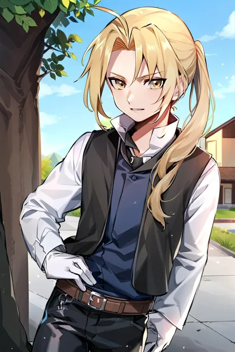 ((masterpiece,best quality, detailed)), outdoors, 1boy, edward elric, white gloves, black pants, belt, white shirt, ponytail, collared shirt, vest, long sleeves