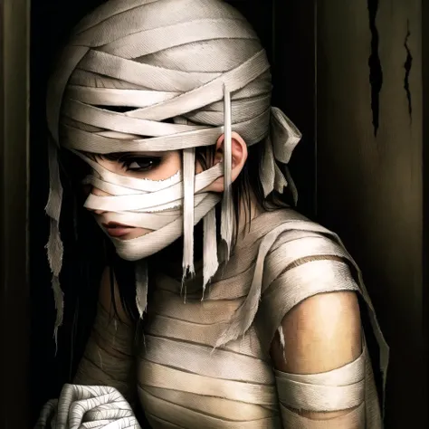 mummification, blindfold, tape gagged, (1 girl:1.4), ((Imprisoned in a warehouse)), (Highly detailed CG Unity 8k), (highest quality), (Very detailed), (Ultra-high resolution), ((Hands tied behind back)), ((Wrap the heads around with white duct tape:1.4)), (((Wrap the eyes around with white duct tape:1.5))), ((Wrap the mouth around with white duct tape:1.4)), ((blindfold around with white duct tape:1.4)), ((Wrap the face around with white duct tape:1.4)), ((From head to toe, wrap them in white duct tape to make a mummification:1.5)), Mummy Girl Crawling on the Ground,