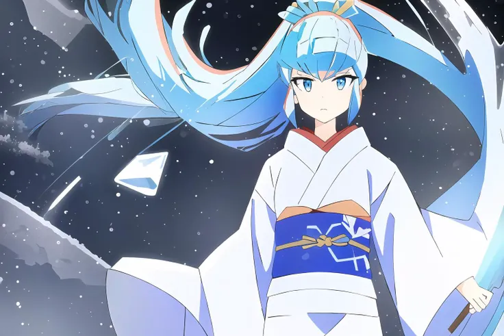 best quality, 1woman, action, angre, (blizzard:1.2), (ice storm:1.3), gesturing, spellcasting, beautifu face, long blue hair, bangs, ponytail, kimono, obi, Urusei Yatsura, Oyuki, <lora:Oyuki:0.8>, winter background