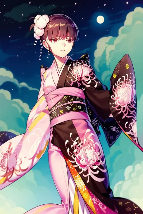 ((masterpiece,best quality, detailed)), 1girl, solo, outdoors, from below, night, moon, night sky, cloud,
ryougi shiki, sash, floral print, kanzashi, sidelocks, short ponytail, multicolored kimono, obijime