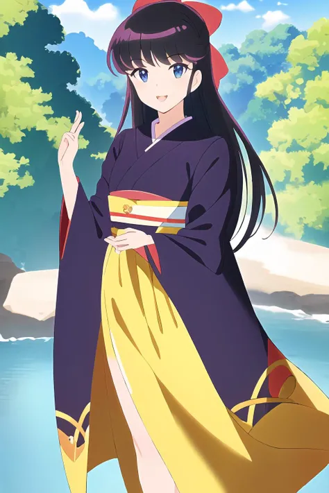 best quality, 1girl, slim, beautiful face, long hair, purple black hair, bangs, blunt bangs, hair bow, blue eyes, pointy chin, Urusei Yatsura, Ryouko Mendou, <lora:Ryouko_Mendou:0.7>, smiling, :o, outdoor background