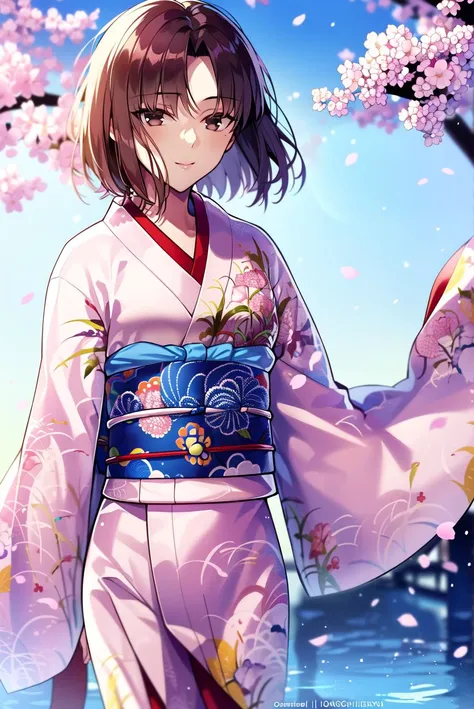 ((masterpiece,best quality, detailed)), 1girl, solo, outdoors, cherry blossoms, wind,
ryougi shiki, obi, white kimono, obijime, floral print