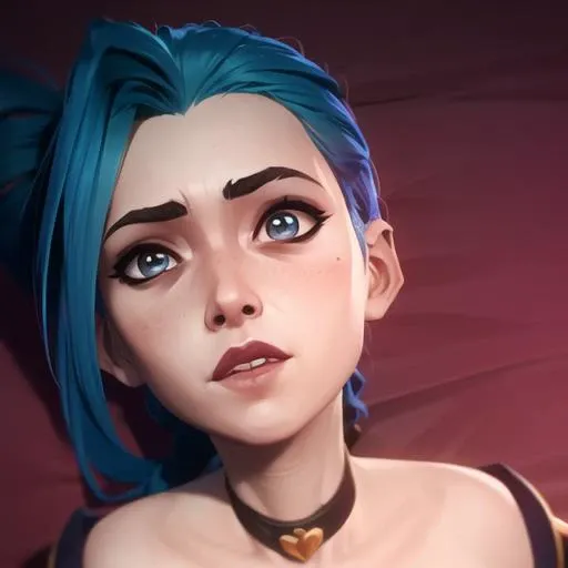 <lora:arcaneStyleLora_offset:1>, (masterpiece), (best quality), arcane style, jinx, league of legends, detailed eyes, skin details, asymmetrical bangs, bangs, blue hair, braid, soft lighting, pov, kiss towards kamera