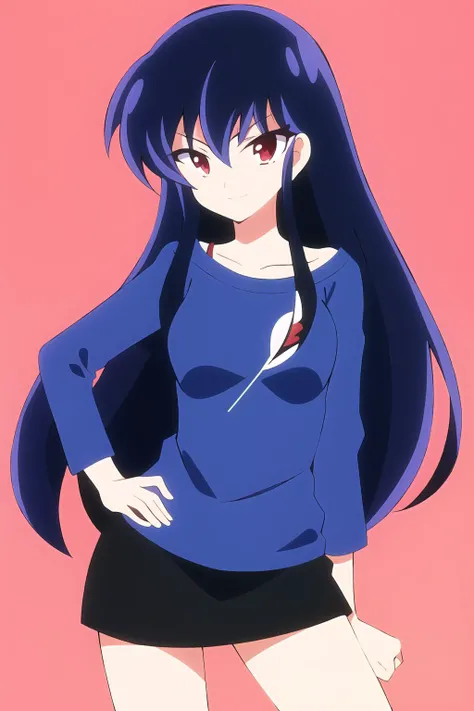 best quality, 1woman, standing, beautifu face, red eyes, hair between eyes, long hair, Urusei Yatsura, Sakura, <lora:Sakura:0.7>,
casual dress,
simple background,