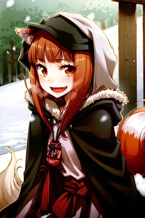 <lora:ayakurajuu:0.5>, <lora:holo:0.5>, (holo:1.5), (holoCoat:1.5), masterpiece, best quality, absurdres, 1girl, looking at viewer, standing, upper body, leaning forward, outdoors, forest, snow, fur-trimmed jacket, pouch, sash, open mouth, fang, smile
