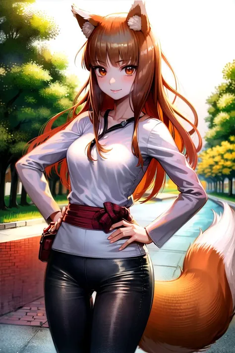 <lora:holo:0.8>, (holo:1.5), (holoGreyShirt:1.5), masterpiece, best quality, absurdres, 1girl, looking at viewer, standing, cowboy shot, outdoors, medieval, cobblestone street, town, hands on hips, pouch, sash, black pants