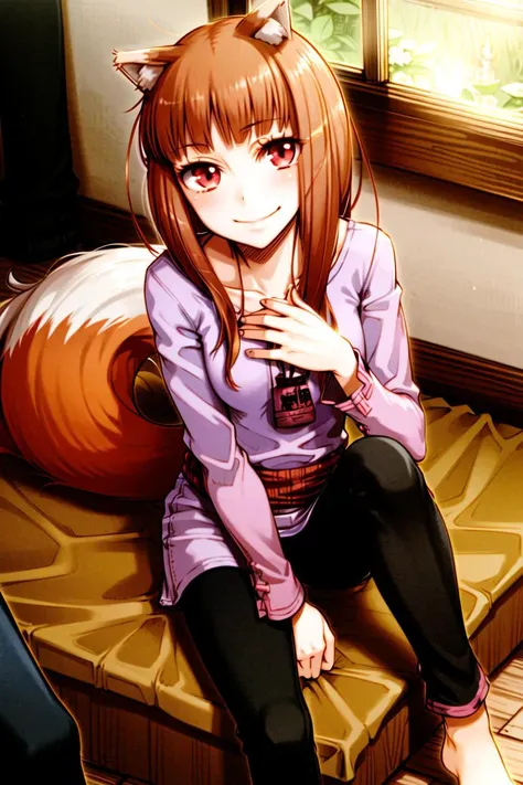 <lora:ayakurajuu:0.5>, <lora:holo:0.5>, (holo:1.5), (holoPinkShirt:1.5), masterpiece, best quality, absurdres, 1girl, looking at viewer, sitting, indoors, bed, wooden interior, dresser, window, candle, viewed from above, looking up, pouch, sash, smile, black pants