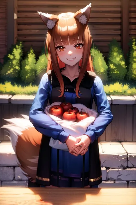<lora:holo:0.8>, (holo:1.5), (holoBlueDress:1.5), masterpiece, best quality, absurdres, 1girl, looking at viewer, standing, upper body, outdoors, medieval, cobblestone street, town, apple, fruit, basket, holding, smile
