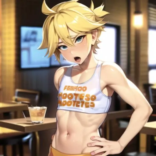masterpiece, best quality, (photorealistic, mature male), femboy hooters, crop top, shorts, navel, feminine, restaurant, <lora:femboy-hooters:1>, blonde hair, ahegao, kagamine len, blonde hair, otoko no ko, naughty face, looking at viewer, <lora:KagamineLenV1:0.7>