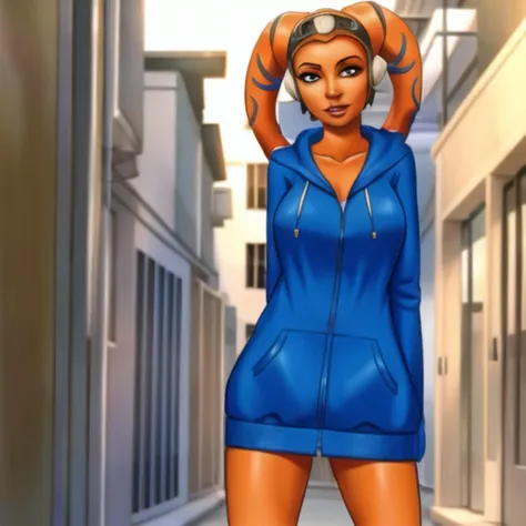 orange skinned twilek in a blue hoodie in an alleyway, naked hoodie