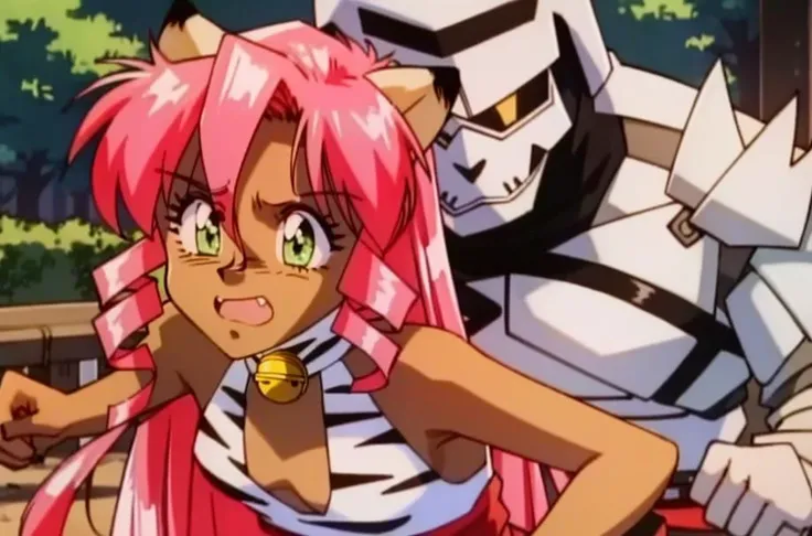 1girl, 1boy, 90's anime style, PinkCzar, ((white tiger ears), (white tiger tail), long hair, pink hair, sidelocks, green eyes, small breasts, choker, bell), (tiger print, slit dress, red sash), (Werewolf, Monster, Incoming attack, attack, horror, scared), (masterpiece:1.2), hires, (detailed face:1.2), (detailed eyes:1.2), ultra-high resolution, 8K, high quality, (sharp focus:1.2), clean, crisp, cinematic, <lora:Pink-18:1>, <lora:werewolf_v0.2:1>