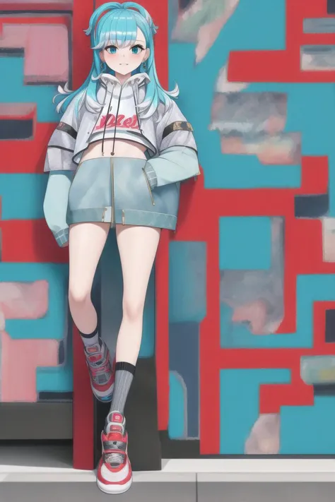 best quality, highres, high quality, masterpiece, goddess, 1girl, solo, (Kobo), cute face, perfect fingers, aqua eyes, point earrings, multicolored hair, baseball jacket, black miniskirt, red shoes, outdoors, looking at viewer, <lora:KoboHolo:1>