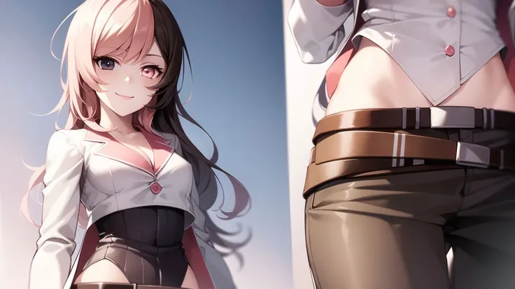 (masterpiece, best quality:1.2),<lora:rwby_neopolitan_noai-11:1>,cowboy shot,solo,1girl,neopolitan,smile,closed mouth,looking at viewer,parasol,heterochromia,brown eyes,pink eyes,white cropped jacket,leotard under clothes,pants,belt,
