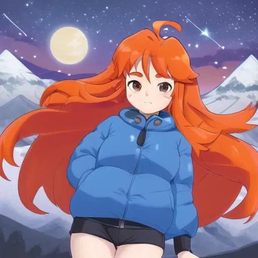 masterpiece, best quality, 1girl, long hair, orange hair, blue puffy coat, stars, moon, mountains <lora:Madeline:0.8>