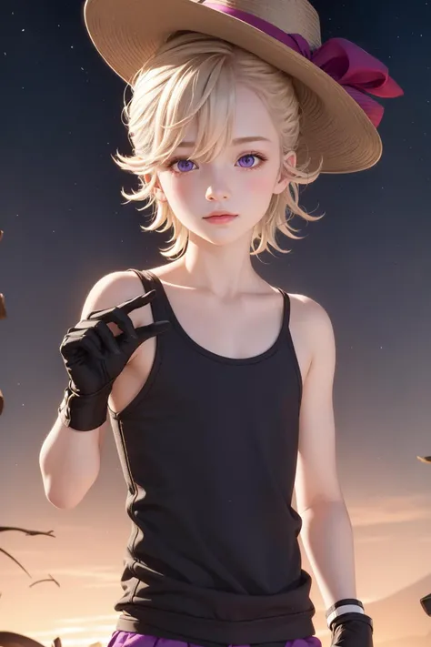 masterpiece, best quality, highly detailed, illustration, , , 1boy, <lora:Lyney:1>, lyney, blonde hair, short hair, hair between eyes, purple eyes, detailed eyes, petite, young, flat chest, tank top, , , black gloves, , hat, standing, looking at viewer, , , night sky,