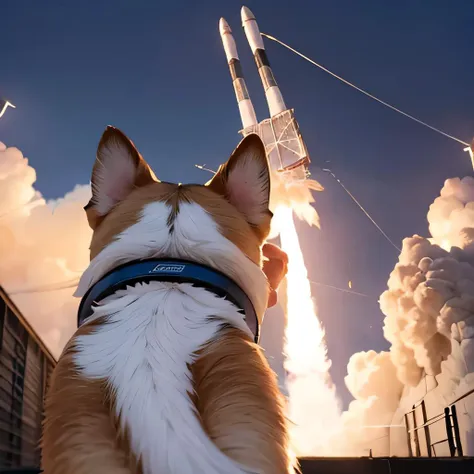 best quality, ultra-detailed, realistic, (dog from behind:1.3),(rocket launch:1.4),