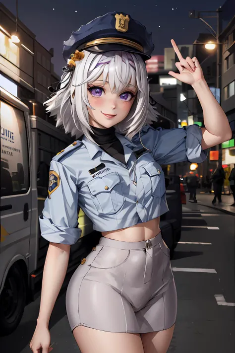 filian, 1girl, (solo:1.2), purple eyes, smiling, hair ornament, looking at viewer, animal ear fluff, hair bell, white hair, blush, tail, (police uniform:1.2), police station,<lora:filianV2:0.8>