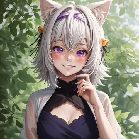 <lora:filian-10 (7):0.8> masterpiece, best quality, absurdres, colorful, outdoors, day, 1girl, solo, filian, purple eyes, white hair, short hair, ahoge, animal ears, animal ear fluff, hair bell, hairband, looking at viewer, blush, cute, smile, portrait, dress