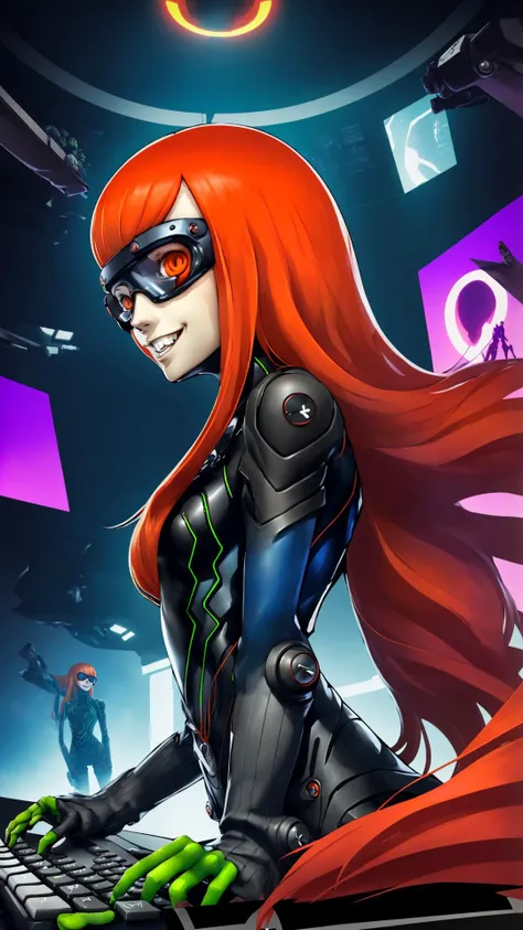 <lora:dsfutaba-v2:0.8> dsoracle, persona 5, 1girl, long hair, orange hair, goggles, night vision, cyberpunk, bodysuit, grin, typing, keyboard, computer, <lora:Soejima_render_style_v01:0.8>