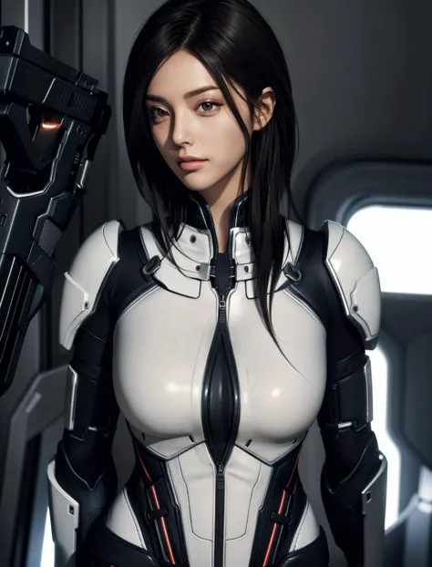 (masterpiece, best quality, chromatic lighting, professional quality) AshleyME, 1girl, solo, looking at viewer, brown hair, black hair, gloves, brown eyes, weapon, lips, gun, bodysuit, science fiction, realistic <lora:AshleyME:0.7>