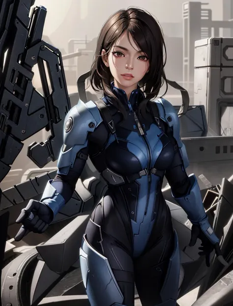 (masterpiece, best quality, chromatic lighting, professional quality) AshleyME, 1girl, solo, looking at viewer, brown hair, black hair, gloves, brown eyes, weapon, lips, gun, bodysuit, science fiction, realistic <lora:AshleyME:0.7>