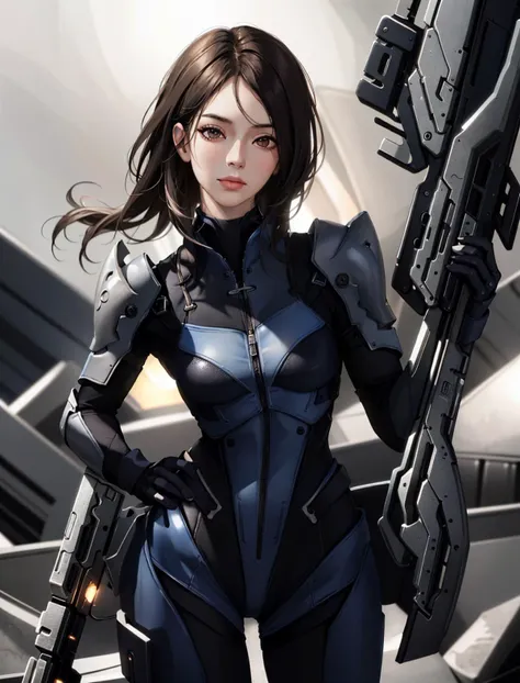 (masterpiece, best quality, chromatic lighting, professional quality) AshleyME, 1girl, solo, looking at viewer, brown hair, black hair, gloves, brown eyes, weapon, lips, gun, bodysuit, science fiction, realistic <lora:AshleyME:0.7>