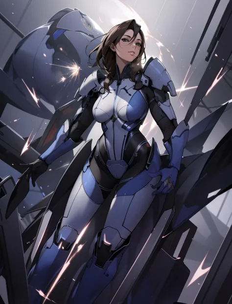 AshleyME,  (full body), looking at viewer, detailed background, detailed face,   fighter, glass armor,  mechanical, power source, magical patterns,  floating particles, steam, reflections,  storm in background, cinematic atmosphere,, nsfw,<lora:AshleyME:0.7>