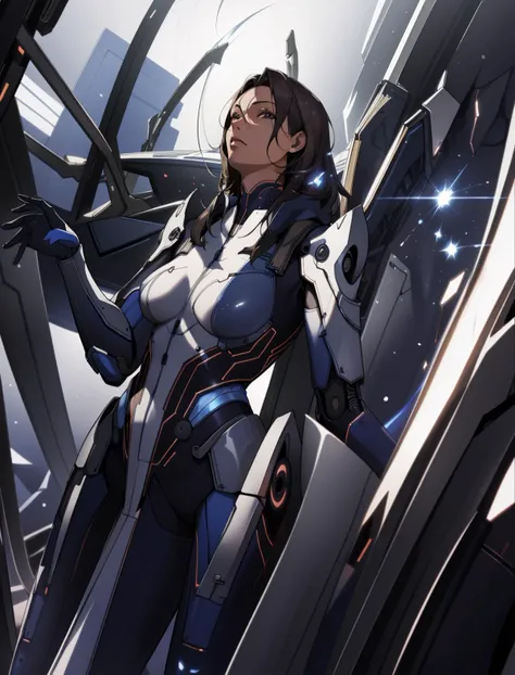 AshleyME, (full body), looking at viewer, detailed background, detailed face, fighter, glass armor, mechanical, power source, magical patterns, floating particles, steam, reflections, storm in background, cinematic atmosphere,, nsfw,<lora:AshleyME:0.7>