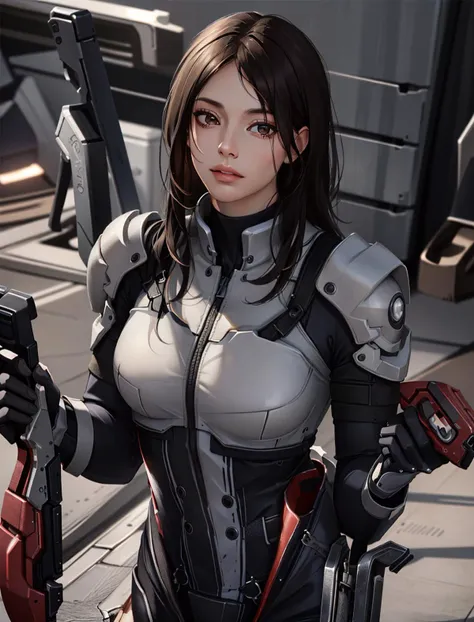 (masterpiece, best quality, chromatic lighting, professional quality) AshleyME, 1girl, solo, looking at viewer, brown hair, black hair, gloves, brown eyes, weapon, lips, gun, bodysuit, science fiction, realistic <lora:AshleyME:0.7>