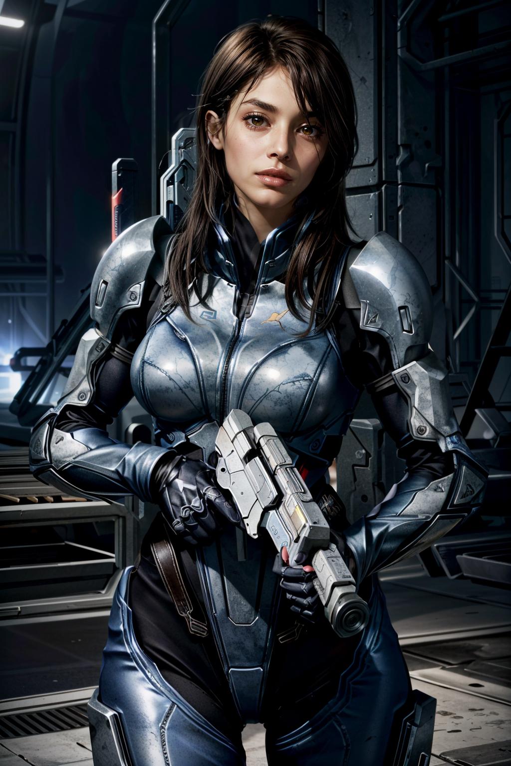 A woman in a futuristic suit holding a gun in a dark room - SeaArt AI