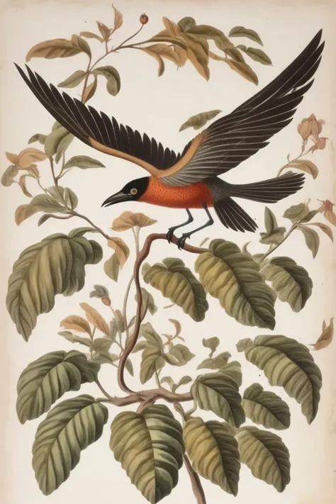 <lora:Mark Catesby Style:1>Mark Catesby Style - white background, one single flying bird, old botanical illustration
