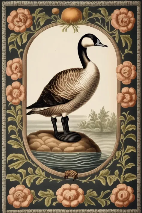 <lora:Mark Catesby Style:1>Mark Catesby Style - vintage victorian illustration of a goose, dark forest knotwork floral frame