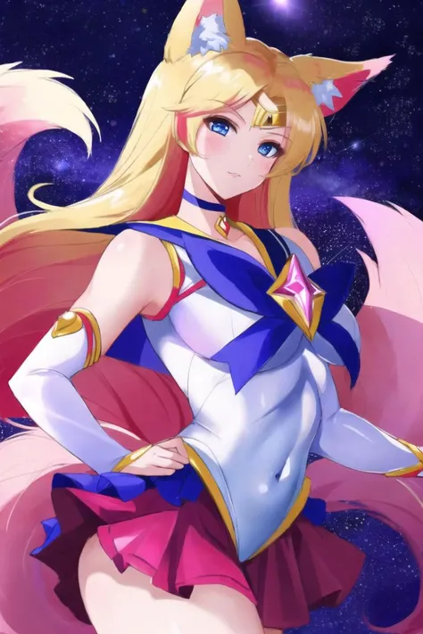 1girl, ahri a fox woman with long blonde hair wearing a white and pink dress, fox ears, attractive face, expressive look, closed mounth, shining blue eyes, wide hips, pink space, sailor moon style, detailed background, (masterpiece:1.2, best quality), upperbody, cowboy shot, high quality <lora:ahriStarGuardianLeague_v10:0.7>
