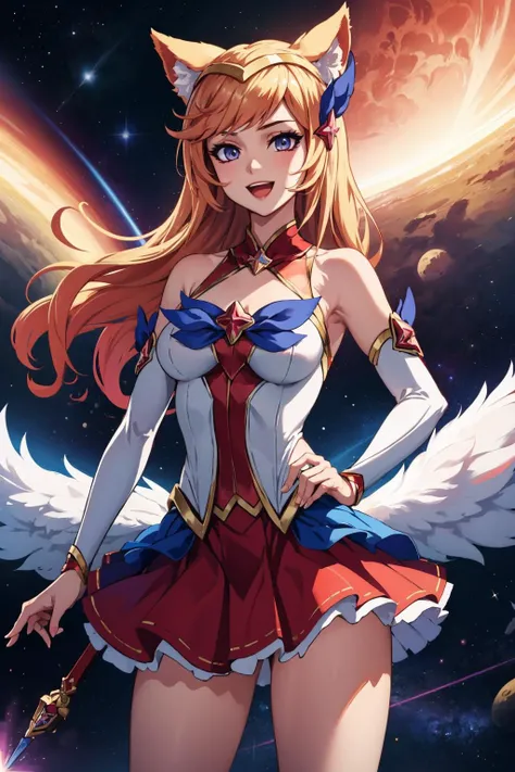 masterpiece, best quality, <lora:lol_star_guardian_ahriV4-000010:0.8> star guardian ahri, 1girl, animal ears, hair ornament, detached sleeves, bare shoulders, skirt, magical girl, cowboy shot, looking at viewer, hand to hip, hand up, outer space, abstract background, :D