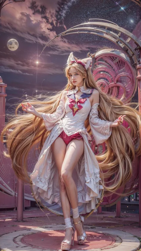 1girl, ahri a fox woman with long blonde hair wearing a white and pink dress, fox ears, attractive face, expressive look, closed mounth, shining blue eyes, wide hips, pink space, sailor moon style, detailed background, (masterpiece:1.2, best quality), full body, cowboy shot, high quality ,<lora:ahri sg:0.4>