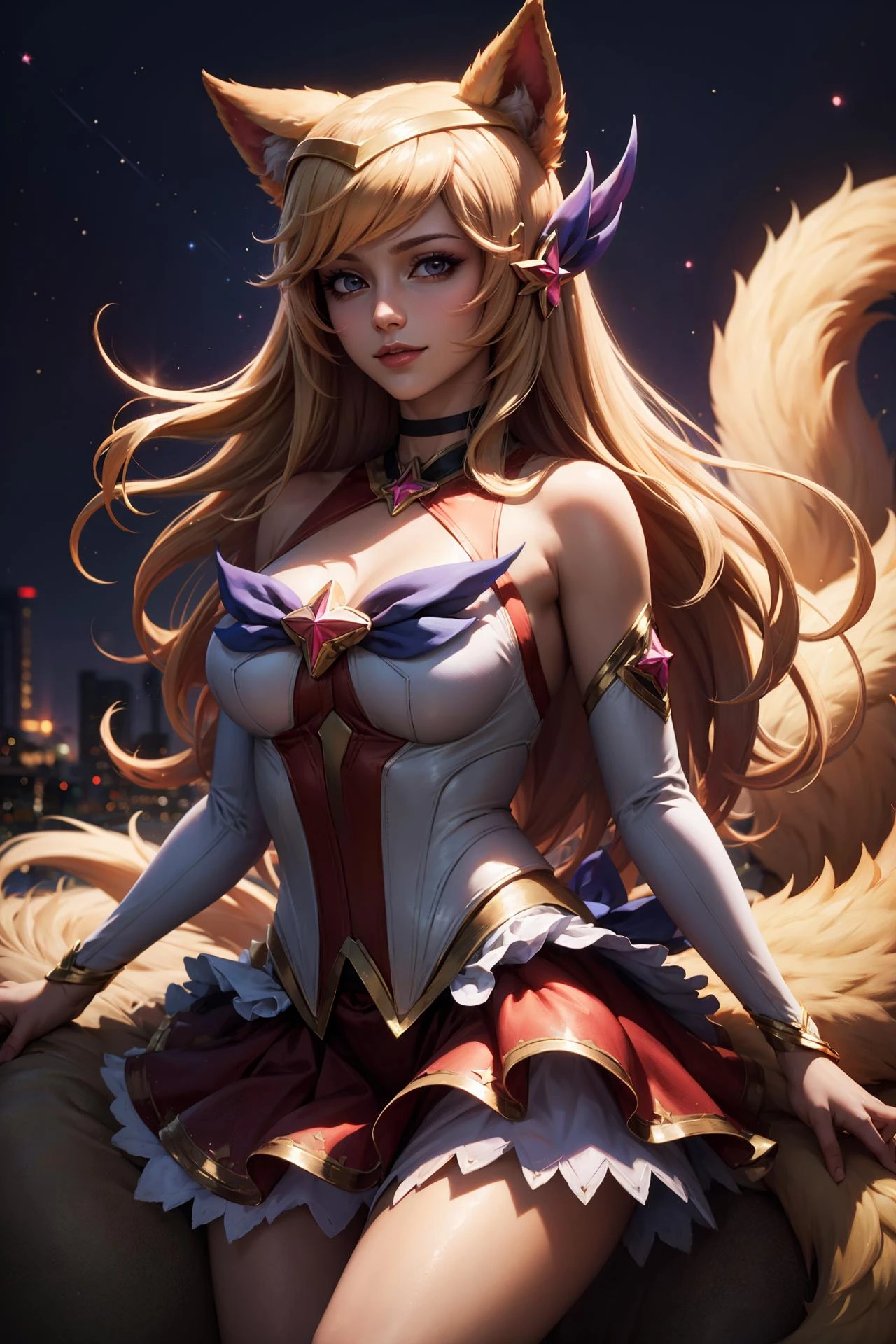 (masterpiece, best quality:1.2), intricate details, <lora:GoodHands-beta2:1>, <lora:lol_star_guardian_ahriV4-000010:1>, star guardian ahri, 1girl, animal ears, hair ornament, detached sleeves, bare shoulders, skirt, magical girl, multiple tails, blonde hair, light smile