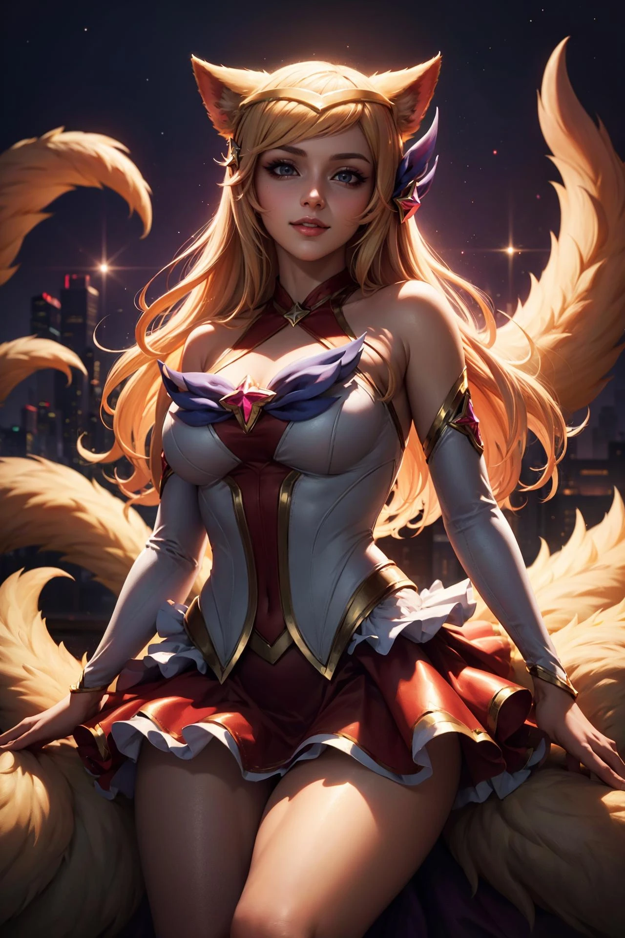 (masterpiece, best quality:1.2), intricate details, <lora:GoodHands-beta2:1>, <lora:lol_star_guardian_ahriV4-000010:1>, star guardian ahri, 1girl, animal ears, hair ornament, detached sleeves, bare shoulders, skirt, magical girl, multiple tails, blonde hair, light smile