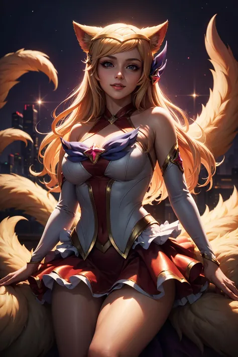 (masterpiece, best quality:1.2), intricate details,  <lora:GoodHands-beta2:1>, <lora:lol_star_guardian_ahriV4-000010:1>, star guardian ahri, 1girl, animal ears, hair ornament, detached sleeves, bare shoulders, skirt, magical girl, multiple tails, blonde hair, light smile