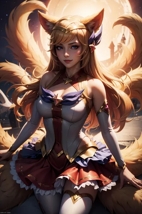 (masterpiece, best quality:1.2), intricate details, <lora:GoodHands-beta2:1>, <lora:lol_star_guardian_ahriV4-000010:1>, star guardian ahri, 1girl, animal ears, hair ornament, detached sleeves, bare shoulders, skirt, magical girl, multiple tails, blonde hair, light smile