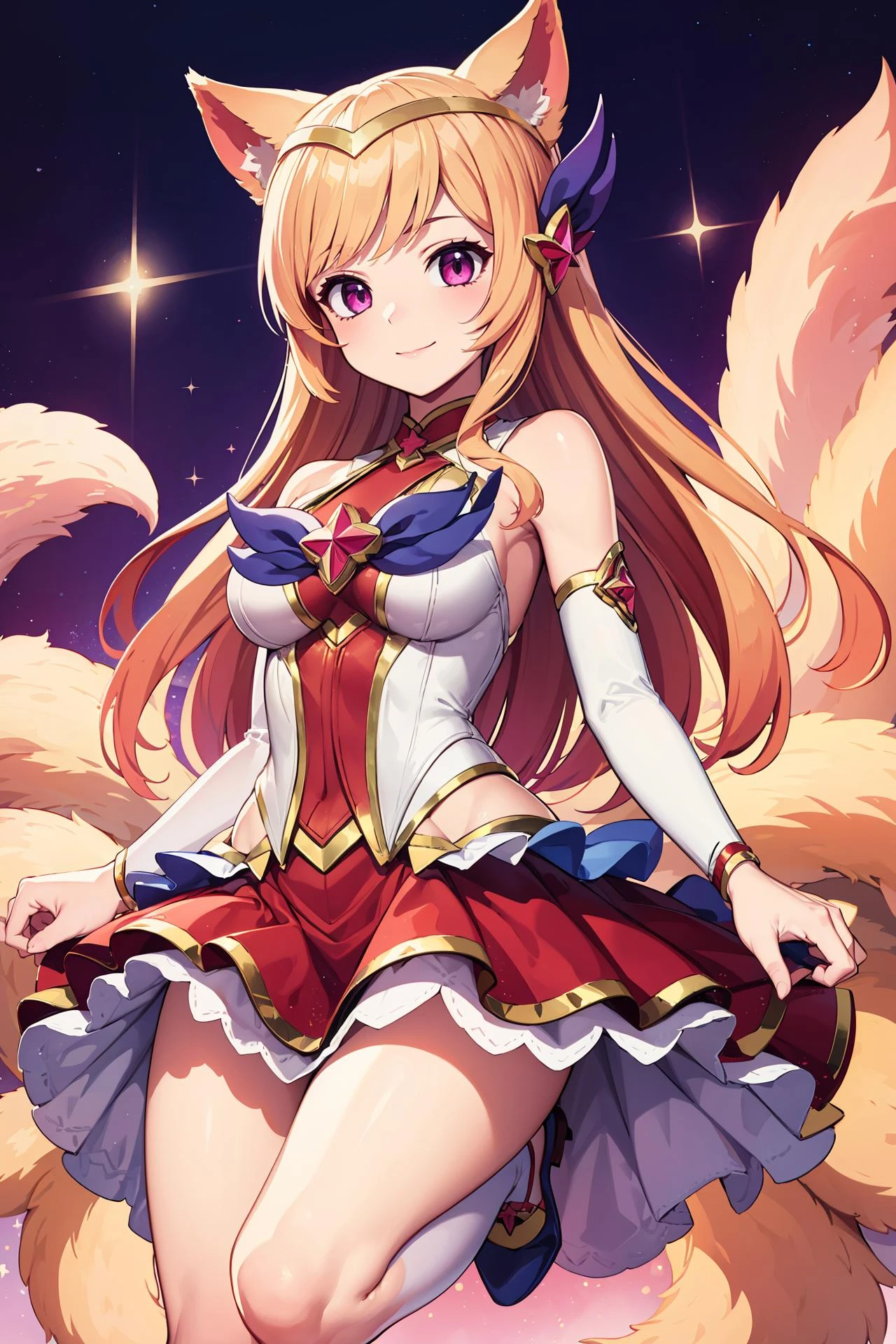 (masterpiece, best quality:1.2), intricate details, <lora:GoodHands-beta2:1>, <lora:lol_star_guardian_ahriV4-000010:1>, star guardian ahri, 1girl, animal ears, hair ornament, detached sleeves, bare shoulders, skirt, magical girl, multiple tails, blonde hair, light smile