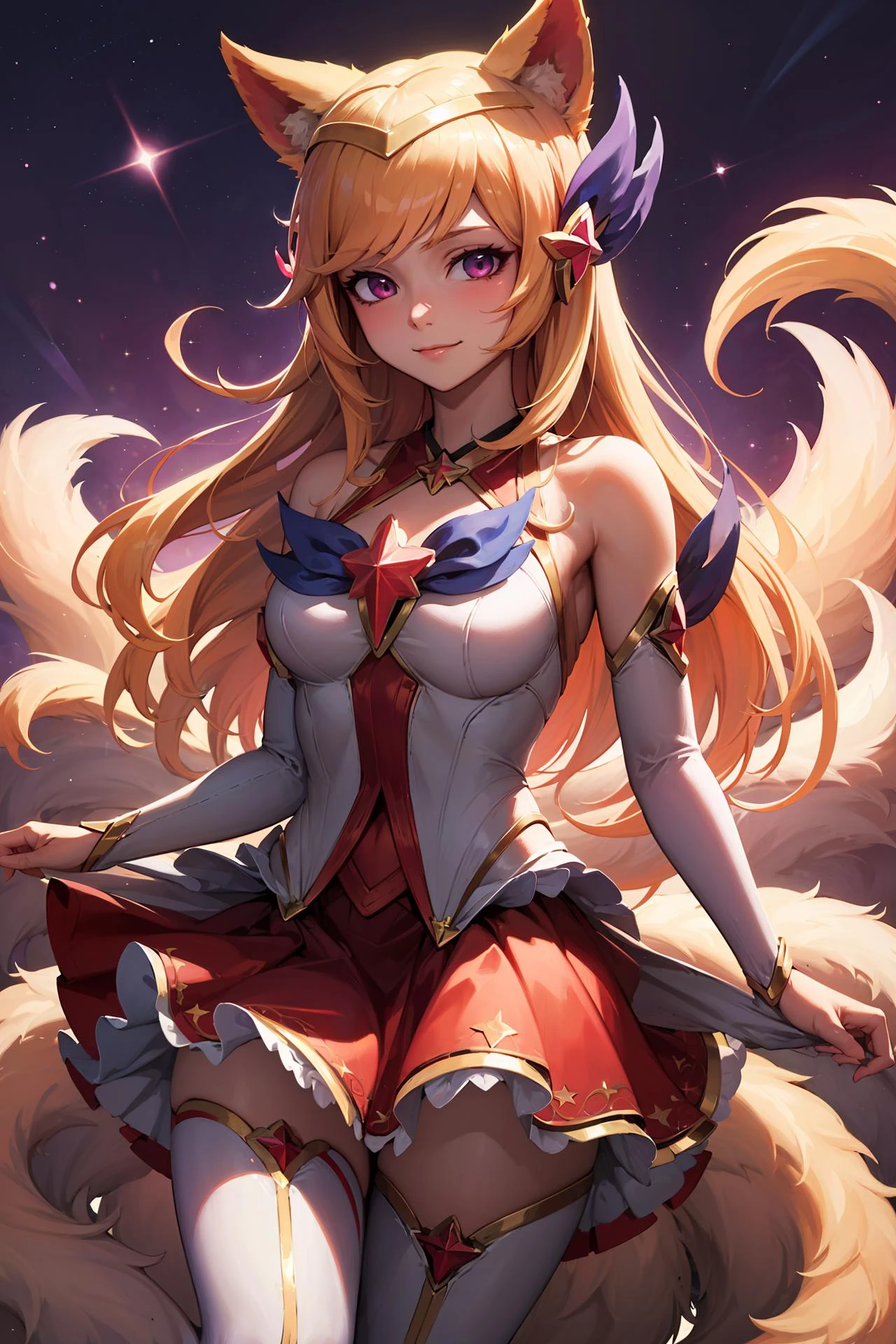 (masterpiece, best quality:1.2), intricate details, <lora:GoodHands-beta2:1>, <lora:lol_star_guardian_ahriV4-000010:1>, star guardian ahri, 1girl, animal ears, hair ornament, detached sleeves, bare shoulders, skirt, magical girl, multiple tails, blonde hair, light smile
